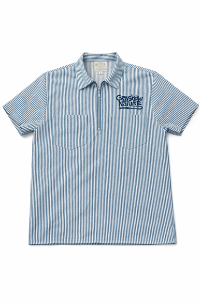 Crenshaw by Nature hickory stripe short-sleeve half-zip popover in medium-weight cotton twill