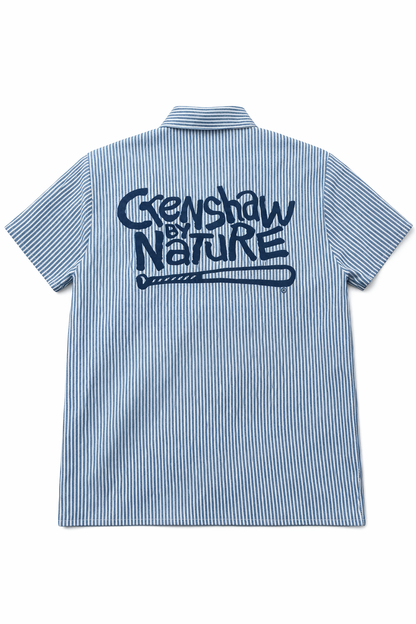 Crenshaw by Nature hickory stripe popover detail — half-zip metal placket and twin chest patch pockets
